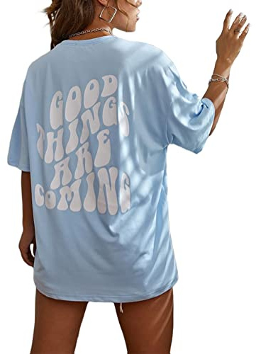 Tomwell Damen Rückendruck T-Shirt Rundhals Oversize Oberteile | Sommer, Kurzarm, mit Buchstaben Druck, Locker, Vintage, Lang, Sport, für Teens