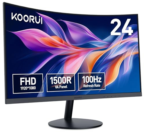 KOORUI 23.6 Zoll Bildschirm Curved Monitor Full HD 100Hz 3000:1 24N5CA | Computer Krümmung 1500R, 1920 x 1080 VA Panel, Neigungsverstellung, Augenpflege, HDMI 1.2, VGA, Gaming Monitor, Schwarz