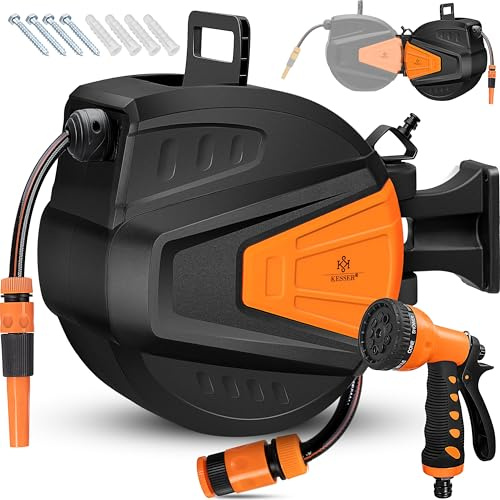 KESSER® automatische Schlauchtrommel 20 m + 2 m, Wand Schlauchbox mit Aufrollautomatik, Schlauchaufroller mit Gartenschlauch, 180° schwenkbar + Multi Handbrause mit 9 Modi, inkl. 2 Aufsätze, Orange
