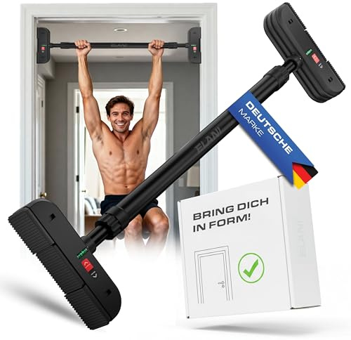 ELANI – sichere Klimmzugstange 72-92 cm bis 200 kg für Türrahmen ohne Bohren mit innovativer Gewindesperre – Pull Up Bar, Türreck Klimmzugstange Türrahmen, Klimmzug, Klimzugststange (Schwarz)