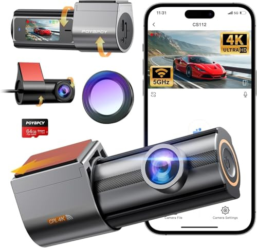 Dashcam Auto Vorne Hinten 4K+1080P Dual Dash Cam 360° Drehbar mit 64GB SD Karte, 1.47 IPS Mini Auto Kamera mit CPL, Super Nachtsicht, WDR, G-Sensor, Loop-Aufnahme, APP Steuerung, Max 256GB