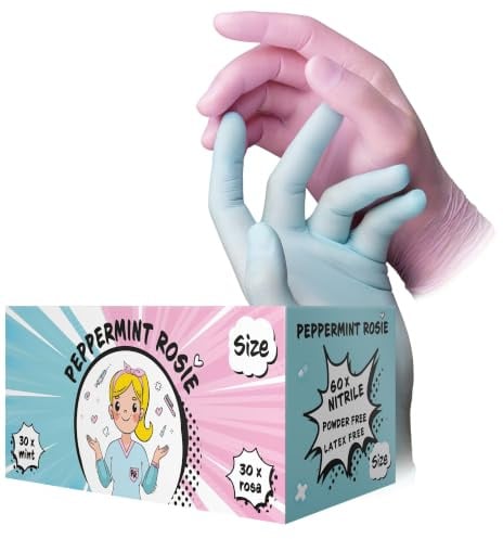 AMPri Einweghandschuhe & Einmalhandschuhe Nitril, Mint/Rosa, XS, 60 Stück | Nitril Handschuhe Mint/Rosa, lebensmittelecht & latexfrei, Handschuhe Einweg und Schutzhandschuhe – Style Peppermint Rosie
