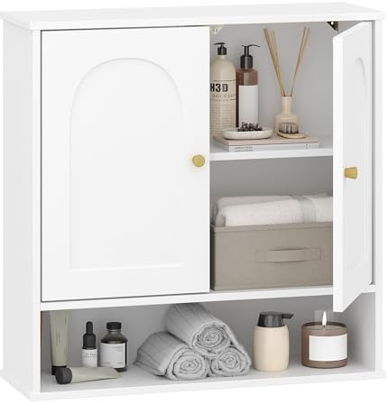 Hzuaneri Hangeschrank, Badezimmerschranke, Wandschrank für Toilette und über Waschbecken, mit 2 Türen, Offener Raum und Verstellbare Regale Medizinschrank, Weiß mit Holzmaserung BC40113X