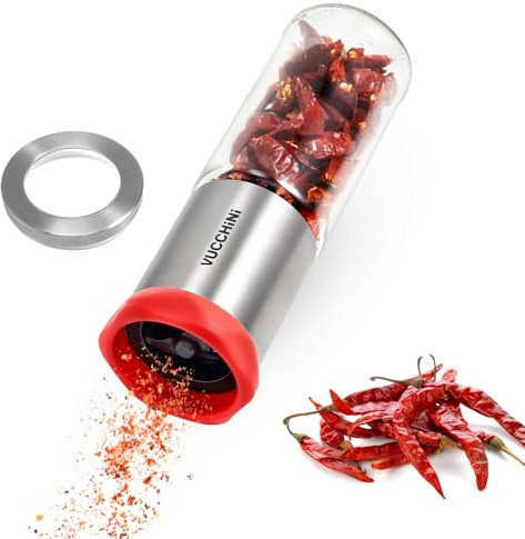 Vucchini Chilimühle Edelstahl & Glas,Chilischneider für grobe Gewürze & trockene Chilis,Gewürzmühle Kräutermühle,Gewürzschneider Schneidwerk