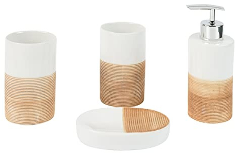 axentia 128405 Bad Accessoires Set Rimini - 4-teilig Badezimmer Set aus Seifenspender, Seifenschale und Zahnputzbechern - Badzubehör wiederbefüllbar, Keramik, Beige, 1 x 1 x 1 cm, 1 Einheiten