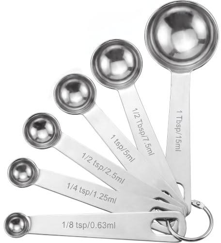 Rena Chris Messlöffel, Premium Heavy Duty 18/8 Edelstahl Messlöffel Becher Set, kleine Esslöffel mit Metric und Set von 6 zum Messen von trockenen und flüssigen Zutaten
