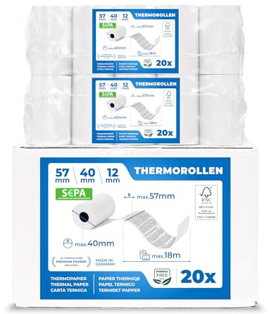 THERMALKING EC Cash Rollen Thermopapier 57mm x 40mm x 12mm - Thermorollen 57x40x12 für EC & Kredit-Kartenlesegeräte - Bonrollen mit SEPA-Lastschrifttext - Für Systeme bis 18m Papierbedarf (20 Stk)