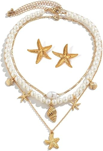 TTPSRY Schmuckset für Damen Seestern Anhänger Halskette und Ohrringe Boho Statement Hypoallergener Modeschmuck für Alltag und festliche Anlässe