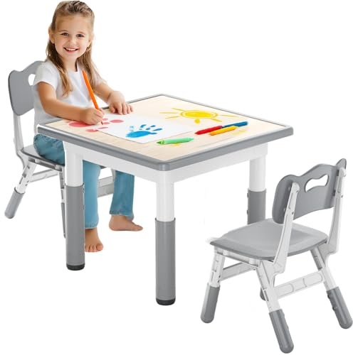 Kidsgigglz Kindertisch mit 2 Stühlen, Kindersitzgruppe Höhenverstellbarer aus HDPE & ABS, Multifunktionaler Spieltisch für Kinder ab 2-10 Jahren, Ergonomisch Tisch Stuhl Set für Kinderzimmer, 60*60cm