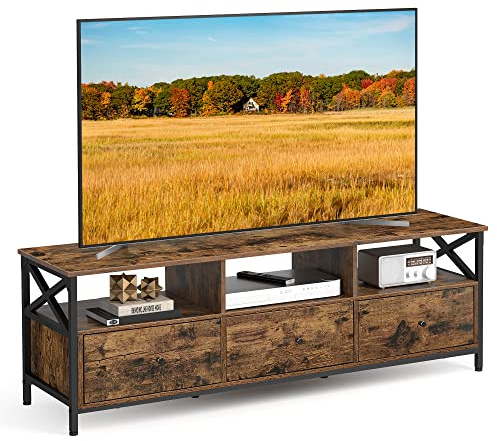 VASAGLE TV-Schrank, Lowboard für Fernseher bis zu 65 Zoll, 147 cm lang, Fernsehtisch mit 3 Schubladen, 3 offenen Fächern, 40 x 147 x 50 cm, Wohnzimmer, Stahlgestell, vintagebraun-schwarz LTV301B01