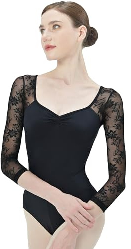 s.lemon Ballett Body Damen,Erwachsene 3/4 Ärmel Spitze Ballett Trikot D004 Schwarz 175