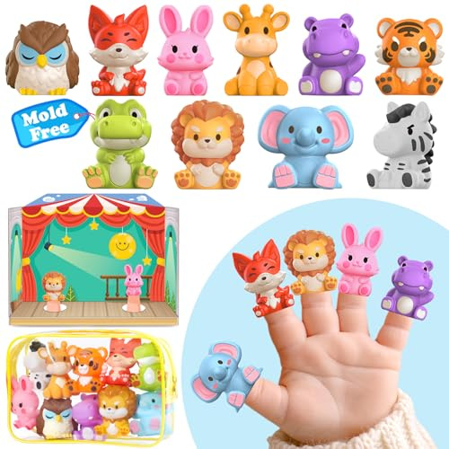 Oriate Safari Tiere Fingerpuppen für Kinder, Story Time Baby Tiere Puppen mit Spielbühne für Rollenspiele, Mold Free Fingerpuppen Baby Ostern Badespielzeug mit Aufbewahrungsbeutel, 10-TLG 12m+