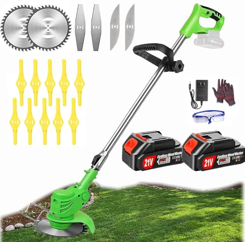ZREBZYR Akku-Freischneider mit Akku (2 x 4,0A Akku und 1 Schnellladegerät) und Motor, Rasentrimmer, Mini-Rasenmäher, Freischneider mit 3 Arten von Klingen, für Garten