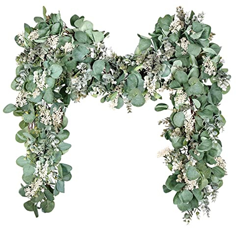 BlueCloudy Eukalyptus Girlande Pflanze 2m Künstliche Grün Efeu Blätter Girlande mit Weidenblättern Weiße Blumen Grüne Blumengirlande Kunstefeu Salbeigrün Frühlingsgirlande für Frühling Hochzeits Deko