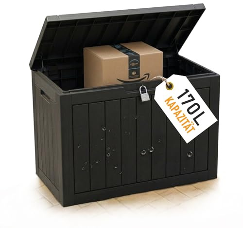 Olsen & Smith Paketbox Draussen 170L Aufbewahrungsbox mit deckel Verschließbare Gartentruhe Kissenbox Aus Kunststoff Auflagenbox Wasserdicht | Gartenschrank Wetterfest Outdoor | Gartenbox Klein