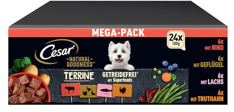 Cesar Natural Goodness Premium Hunde Nassfutter in der Schale Getreidefrei mit Superfoods in 4 Varietäten Megapack 24x100g