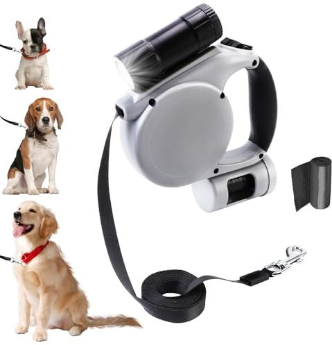 Hundeleine mit Taschenlampe für Nachtsicherheit | 4.5m Einhand-Rollleine mit Leckerli-Tasche & Sicherheitsstopp | Leichtes Nylonband für kleine/mittlere Hunde, Katzen (Keine Batterien enthalten)