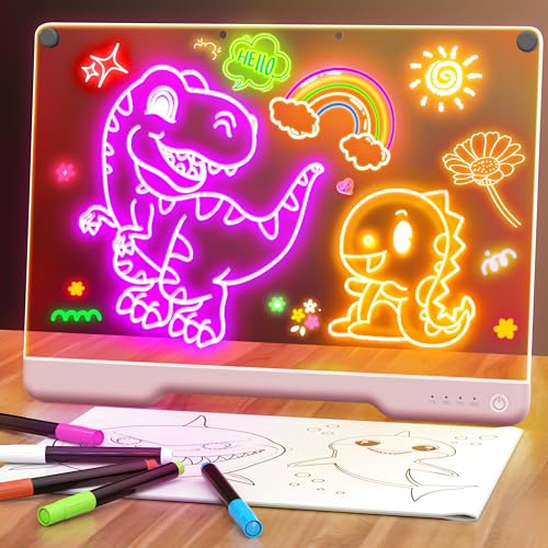 LED Zeichenbrett, 16 inch Wiederaufladbare Doodle Tafel, Neon Art Trockenlösch-Tafel mit 7 Farbmodi, Notiztafel Kreatives Geschenk Spielzeug für Kinder/Mädchen/Teenager,5 Marker & Nachschlagebuch-rosa