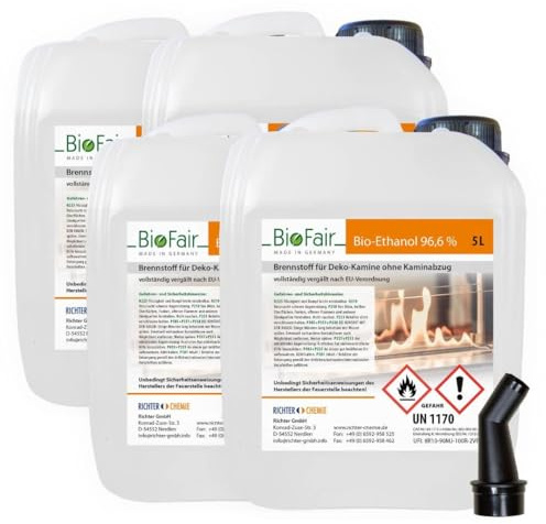 BioFair Bioethanol - Reiner Brennstoff - Bioethanol für Bioethanolkamin, Ethanol Tischkamin, Wandkamin Indoor - 4 x 5 Liter