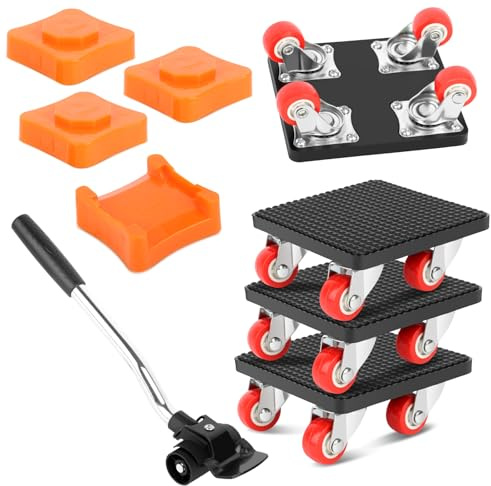 9-Teiliges Möbel Transportroller Set, Schwerlast Möbelheber mit 330mm Verlängerungsstange, 4 Möbelrollen, 4 Höhenversteller, 400kg Tragfähigkeit, 360° drehbarer Möbeltransport & Umzugshelfer