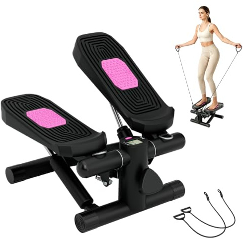 GYMAX Mini-Stepper mit Power Ropes, Stepper für Zuhause | 2-in-1 Fitnessgeräte mit LCD-Display, verstellbarer Schritthöhe, Sportgeräte Zuhause für kleine Wohnungen