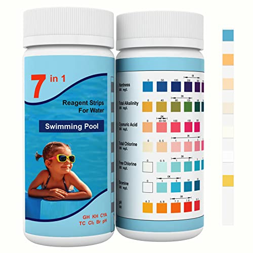 Joyzakzak 7-in-1 Pool Teststreifen für pH und Chlor& Cyanursäure –Präzise Wassertester für Pool & Whirlpool | zum Messen von pH, Chlor, Brom, Cyanursäure, Gesamtalkalinität,Gesamthärte | 100 Stäbchen