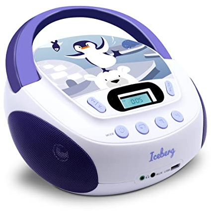 mooov 477179 CD Player für Kinder mit Lautsprechern, USB, Kopfhöreranschluss, AUX-IN-Port - Boombox CD Spieler Tragbar - Netzbetrieb oder Batterien - Modell Iceberg - Blau/Weiß