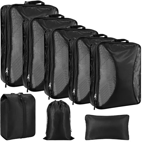 KiwiPower Koffer Organizer Set Kompression 8-teilig – Platzsparende Packwürfel mit Doppelreißverschluss – Wasserdichte Kleidertaschen für Reisen, Urlaub, Handgepäck & Rucksack (Schwarz)