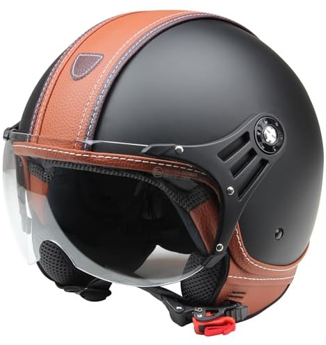 Motorradhelm Jethelm Rollerhelm CMX Hazel Größe L matt schwarz mit braunem Leder und klarem Visier