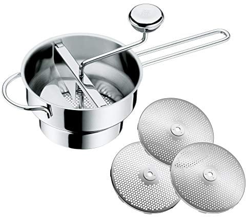 WMF Gourmet Passiermühle mit 3 Lochscheiben, 19 x 11,5 cm, Cromargan Edelstahl poliert, Passiergerät für Obst und Gemüse, zerlegbar