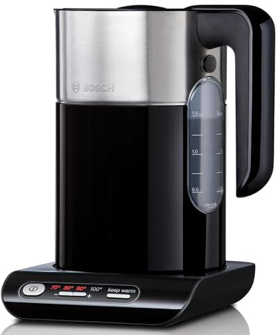 Bosch kabelloser Wasserkocher TWK8613P, Abschaltautomatik, Überhitzungsschutz, Temperaturwahl, Warmhaltefunktion, 1,5 L, 2400 W, schwarz