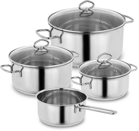 Kopf Topfset Merkur aus Edelstahl - Induktionstöpfe mit Schüttrand, Literskala und Glasdeckel – 4-teilig