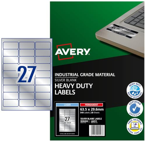 Avery L6011-20 Robuste Laseretiketten ( 27 Stück pro Blatt, 63,5 x 29,6 mm) 540 Etiketten in Silber