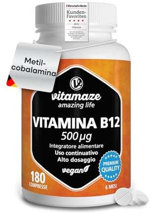Vitamaze Vitamin B12 hochdosiert und vegan, Methylcobalamin, 500 mcg 180 Tabletten für 6 Monate Dauerversorgung, Natürliche Nahrungsergänzung ohne Zusatzstoffe, Made in Germany