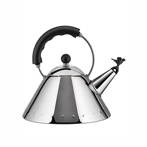 Alessi 9093 B - Wasserkessel mit Vogelpfeife, Edelstahl, Schwarz | Wasserkessel mit Pfeife, entworfen von Michael Graves, mit magnetischem Boden, auch für Induktion geeignet