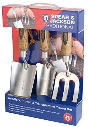 Spear & Jackson TRAD3PS Traditionelles 3-teiliges Edelstahl-Gartenwerkzeug Geschenkset – Pflanzkelle, Unkrautgabel & Pflanzkelle zum Umpflanzen für Beet und Topf