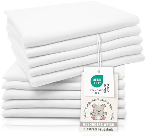 ZOLLNER 10er Set Musselin Spucktücher in 80x80 cm aus Baumwolle - hautfreundliche Mulltücher - besonders weich und extrem saugstark - waschbar bis 95°C - in weiß