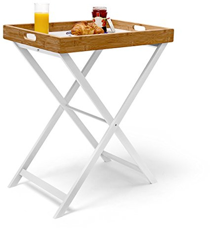 Relaxdays Tabletttisch Bambus HxBxT:72x60x40cm, weiß | Beistelltisch mit Tablett, Klapptisch/Serviertablett