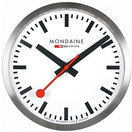 Mondaine - Wanduhr A990.Clock.16SBB 25cm - Bahnhofsuhr in Silber aus gebürstetem Aluminium mit rotem Sekundenzeiger - Hergestellt in der Schweiz staubbeständig - Hergestellt in der Schweiz
