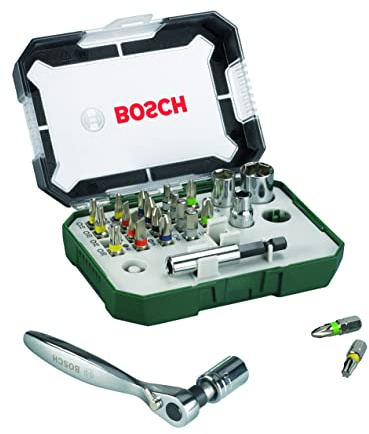Bosch 26tlg. Schrauberbit- und Ratschen-Set (Extra harte Qualität, mit Adapter, Universalhalter, Zubehör Bohrschrauber und Schraubendreher)