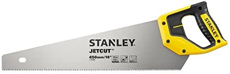 Stanley JetCut feine Handsäge 2-15-595 in 450 mm Länge – Säge für Holz, Kunststoff, Laminat – Mit Griff aus Bi-Material, verbesserter Verzahnung & 45/90° Anschlag für präzises Sägen