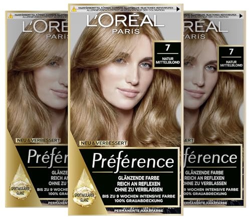 L'Oréal Paris Permanente Haarfarbe, Haarfärbeset mit Coloration und Farbglanz-Pflegebalsam, Préférence, 7 Natur Mittelblond, 3er Set