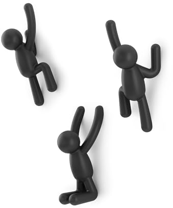 Umbra Buddy Haken - Dekorative Wandhaken Garderobe für Jacken, Schals, Taschen, Rucksäcke, Handtücher und Mehr, 3er-Set, Schwarz