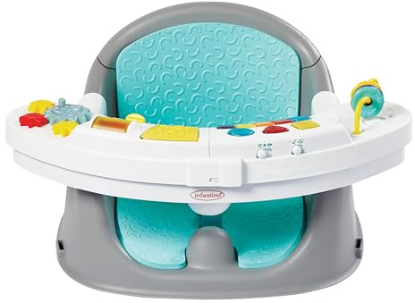 Infantino Music & Lights 3-in-1 Baby-Booster, Entdeckungssitz, Mitwachsend, Umwandelbarer Baby-Sitz, Anpassbare Größe, Interaktiver Spiel- und Snack-Tisch, Fördert die Kindesentwicklung, Farbe Blau