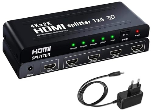Ozvavzk 4K HDMI Splitter 1 in 4 Out Gleichzeitig HDMI Splitter 4 Monitore Mirror HDMi Verteiler 1 in 4 Out unterstützt 4K UHD HDCP1.4 3D 1080P Full HD Kompatibe Blue-Ray Player, Projektor