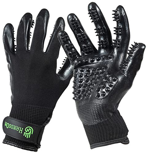 H HandsOn Fellpflege-Handschuhe – Patentiert, preisgekrönte Handschuhe für Haarausfall, Baden und Haarentferner, sanfte Bürste für Katzen, Hunde und Pferde (Schwarz, Junior)