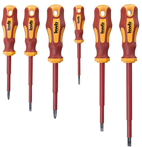kwb Schraubendreher-Set VDE 6-teilig, vollisolierte Klingen, extra gehärtet, inkl. 2-Komponenten-Griff und Aufhänge-Loch, Schraubenzieher-Satz CV Stahl