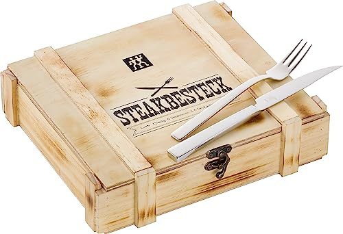 ZWILLING Steakbesteck Set 12-teilig, Für 6 Personen, in Holzbox, Spülmaschinengeeignet, 18/10 Edelstahl, Poliert, Silber