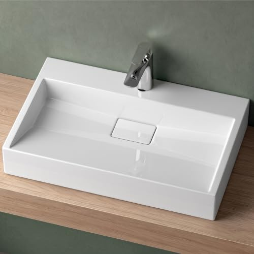 Mai & Mai Waschbecken Bad 50x38x12cm Weiß inkl. Ablaufgarnitur | Aufsatzwaschbecken Hängewaschbecken Hängewaschtisch Mineralguss Rechteckig Waschplatz 1 Armaturenloch Colossum19