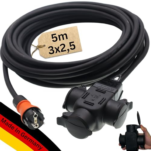 netbote24 Gummikabel-Verlängerungskabel mit 3-Fach Kupplung H07RN-F 3x2,5 mm² (IP44 - Außenbereich) AC 230V / 16A 5m (Schwarz, Typ F)